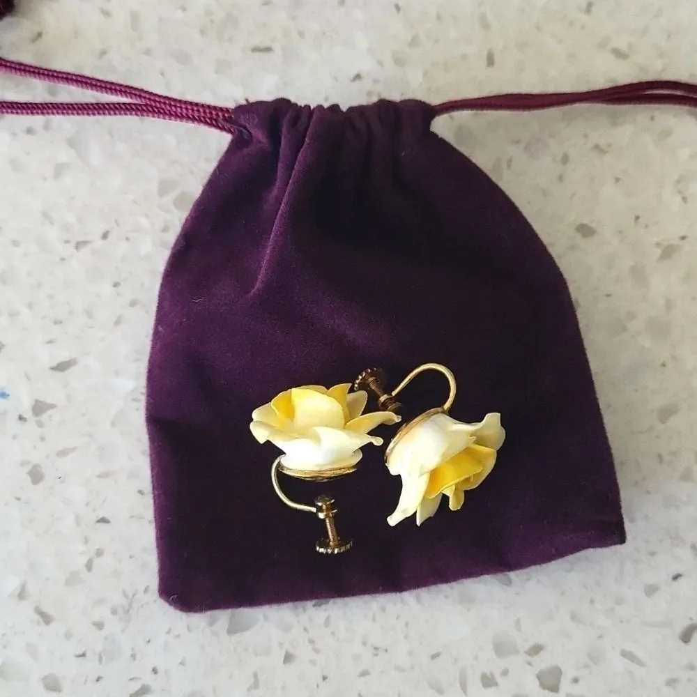 Vintage 1950s-60s Denton England Bone China,Yellow Rose Screw Back Earrings